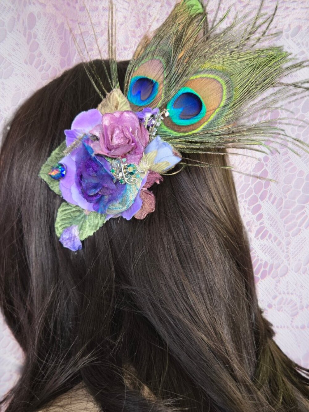Handmade Hair Clip Peacock Rose and Jewel 1920s  Boho Style
